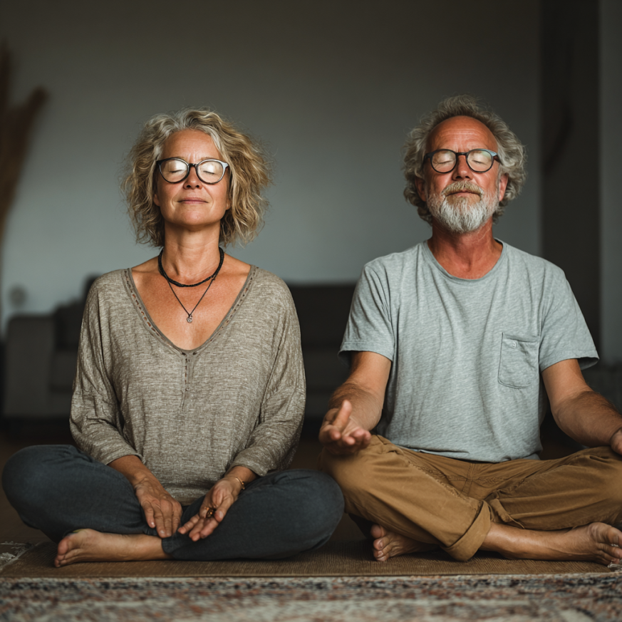 Літня жінка виконує йогу на природі