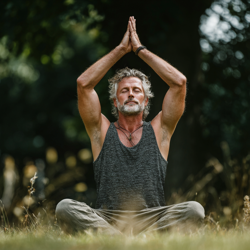 Група літніх людей займається йогою в парку